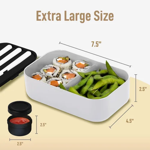 Miniatura 6 de KARRICO Caja Bento Doble Premium para Adultos, 67 onzas líquidas sin BPA - Lonchera Apilable Color Crema con Tapas y Divisores a Prueba de Fugas