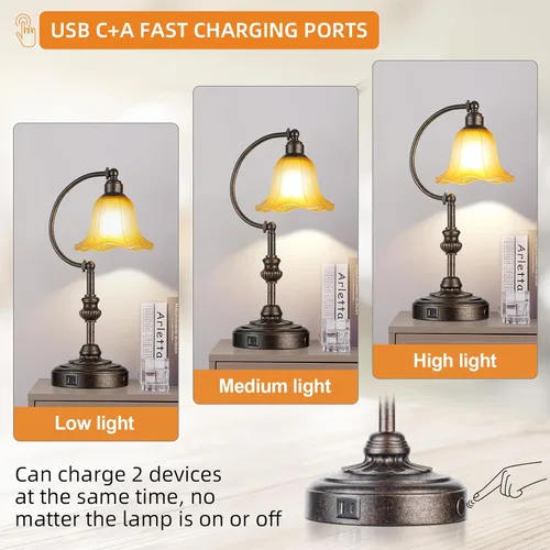 Miniatura 3 de RORIA Touch Farmhouse - Lámpara de mesa para sala de estar, lámpara de mesa de noche rústica regulable de 3 vías con puertos USB A+C, lámpara retro