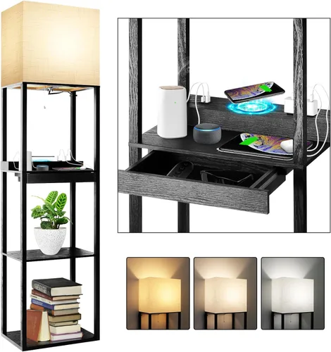Miniatura 11 de Lámpara de pie RUNTOP Plus con estantes, lámpara de estante con bombilla LED de 15W, 3 colores, función de memoria, estante de exhibición ancho