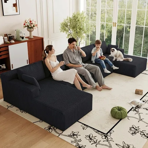 Miniatura 69 de Sofá modular de 95 pulgadas con otomana, moderno sofá nube de pana con asiento profundo, sofá sin hueso tapizado de 3 plazas en forma de U para sala