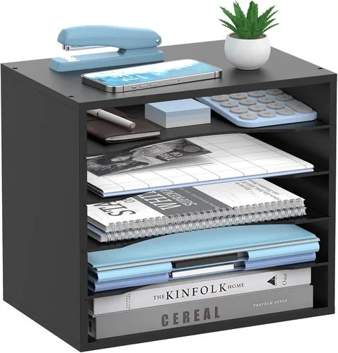 Organizador de escritorio de madera de 5 niveles, organizador de bandeja de papel para escritorio con estantes de almacenamiento ajustables, Negro