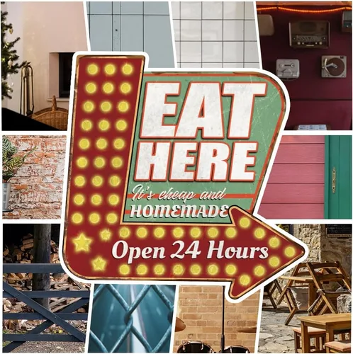 Miniatura 4 de SUPERDANT Letreros de metal con texto en inglés «Eat Here» «Eat Here», letrero de metal abierto las 24 horas, letrero de flecha de comida que apunta