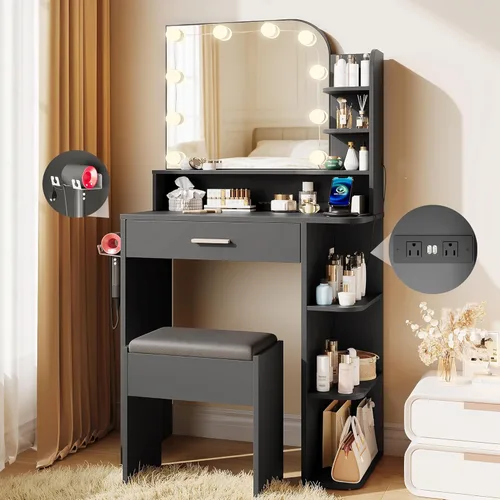 wanan Tocador de maquillaje con silla, pequeño escritorio con espejo y luces, 3 colores, juego de tocador para niñas con toma de corriente, mesa de