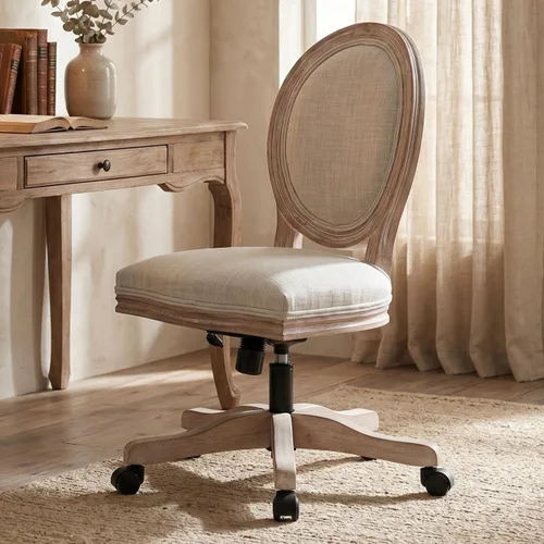 LukeAlon Silla giratoria de lino vintage de 360°, silla de tareas de altura ajustable beige, marco de madera sin brazos, respaldo redondo y ruedas