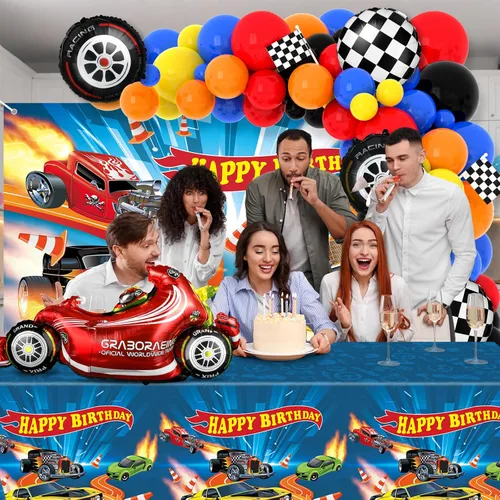 Miniatura 5 de 134 piezas de suministros de fiesta de cumpleaños de coches de carreras, guirnalda de globos, kit de arco de telón de fondo, mantel de camión