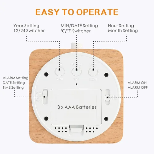 Miniatura 4 de Plumeet Reloj Despertador Digital de Madera para Dormitorios, Reloj Despertador de Madera de 4'' a Batería con Repetición y Luz Nocturna, Reloj