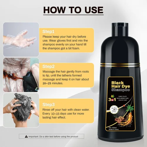 Miniatura 6 de Champú de tinte para cabello negro 3 en 1 Champu para canas, para cobertura de cabello gris, champú de color negro herbario natural para mujeres