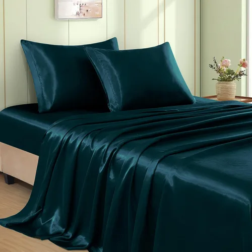 Miniatura 15 de VACVELT Juego de 3 sábanas de satén color beige tamaño individual, juego de ropa de cama, sábana bajera de satén sedoso con bolsillo profundo de 15