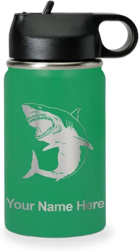 Miniatura 63 de LaserGram Botella de agua personalizada, gran tiburón blanco, acero inoxidable de doble pared aislada al vacío con popote superior, regalo grabado