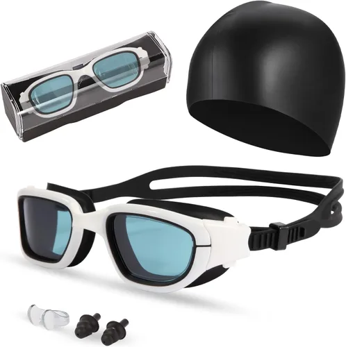 Miniatura 8 de Gafas de natación, gafas para adultos con gorro de natación, clip de nariz y tapones para los oídos, protección UV, lente antivaho y funda