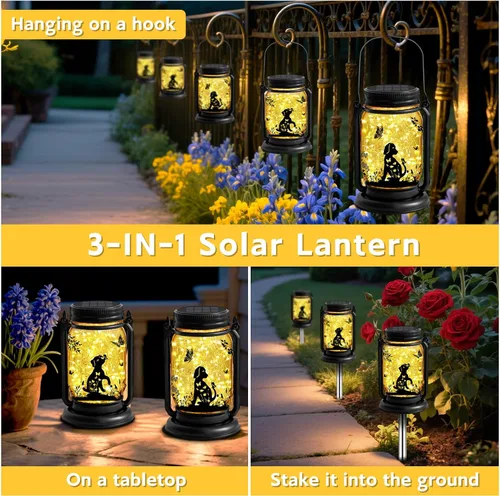Miniatura 3 de Paquete de 2 faroles solares para perros 3 en 1 impermeables para exteriores, regalos de cumpleaños para amantes de los perros, mujeres, mamá
