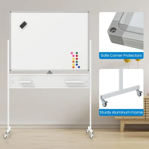 Miniatura 8 de Goplus Pizarra blanca rodante de 48 x 36 pulgadas, pizarra magnética de borrado en seco de altura ajustable con tablero de clavijas, ganchos