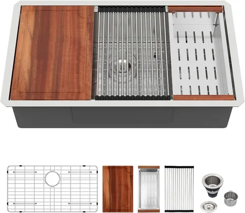 Miniatura 16 de Logmey Fregadero de cocina de montaje inferior de 33 pulgadas 33x19 Fregaderos de acero inoxidable SUS304 calibre 16 hechos a mano de un solo