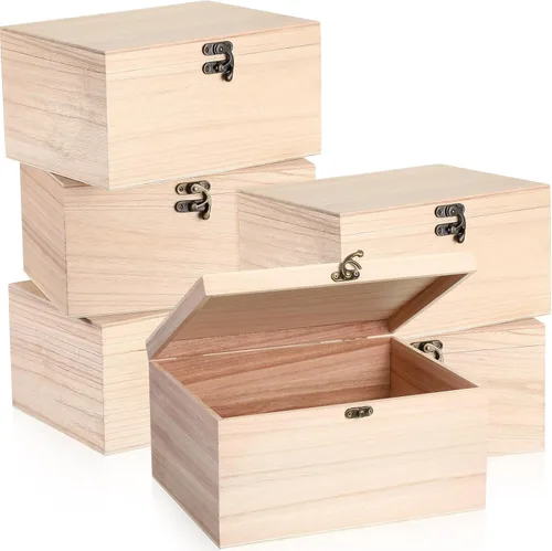 Yookeer 6 cajas grandes de madera sin terminar con tapa con bisagras y cierre frontal, cajas de madera rectangulares sin pintar, cajas de madera
