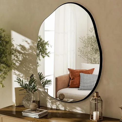 Miniatura 10 de HARRITPURE Espejo de baño irregular de 22 x 32 pulgadas, espejo de pared moderno negro con marco de madera, espejos decorativos asimétricos