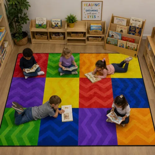 Miniatura 26 de Alfombras de juego para aula, alfombra de 5 x 7 pies para niños con parte trasera de goma, círculo colorido sobre fondo azul, alfombra de juego