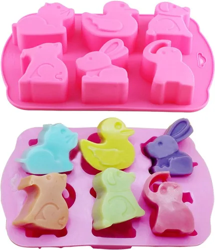 MoldFun - Juego de 2 moldes de silicona para chocolate, pato, perro, gato, conejo, elefante, para hornear magdalenas, cubitos de hielo, gelatina,