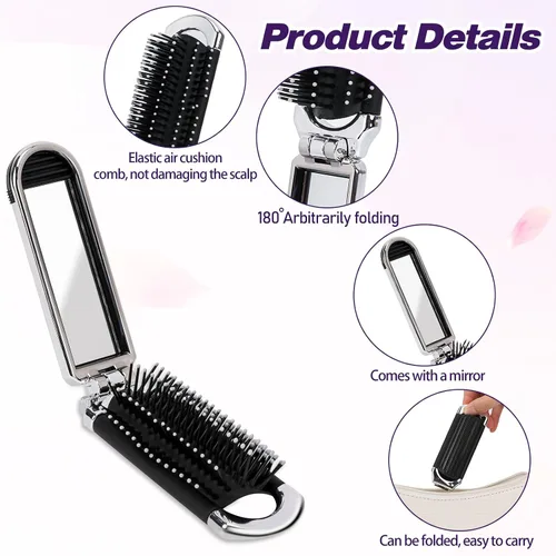 Miniatura 6 de Paquete de 1 cepillo de pelo compacto plegable con espejo, peine de masaje de bolsillo de viaje para peinar el cabello, gimnasio, viajes y bolso