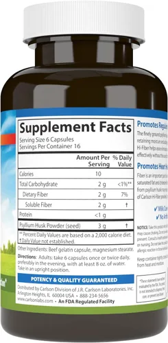 Miniatura 2 de Carlson - Hi-Fiber, 0.11 oz, Cápsulas de cáscara de psyllium, regularidad, salud del colon y función cardíaca, 100 cápsulas