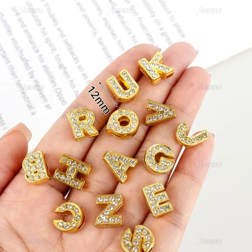 Miniatura 2 de AUEAR, paquete de 26 dijes de letras del alfabeto de 8 mm con diamantes de imitación completos, cristal, color dorado, para pulseras, collares