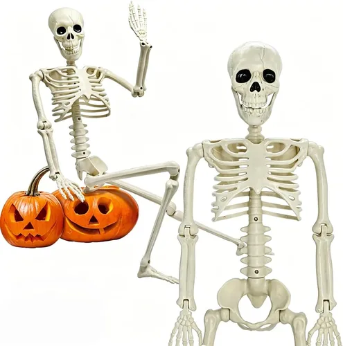 Esqueleto de tamaño real de 36 pulgadas/3 pies, cuerpo completo de plástico con articulaciones movibles para fiesta de Halloween, cementerio,