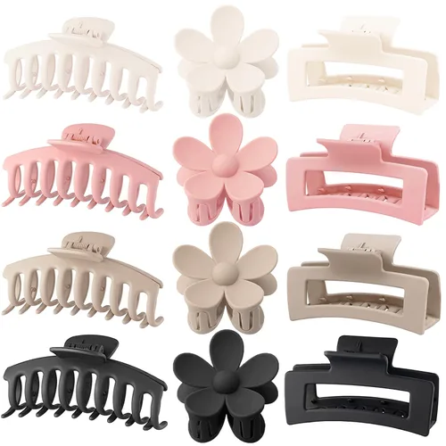 Miniatura 11 de Pinzas Grandes para Cabello Tipo Garra, Paquete de 12, Pinzas para Cabello con Flores para Cabello Fino, Grande Cuadrado Mate Sujeción Fuerte