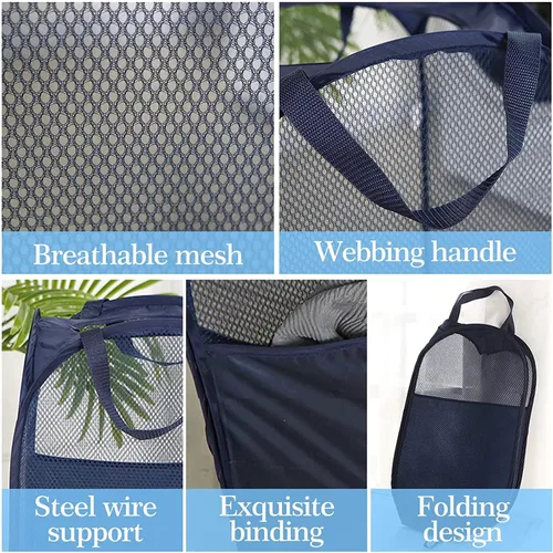Miniatura 4 de AQQA Juego de 9 cestas de malla para la ropa sucia, negro/blanco/azul, asas duraderas, plegable, construcción de malla resistente, ideal para niños