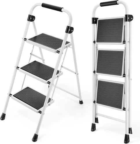 Miniatura 12 de KINGRACK Escalera plegable de 4 escalones, escalera de acero de seguridad resistente de alta resistencia con pasamanos y pedales anchos para Rojo