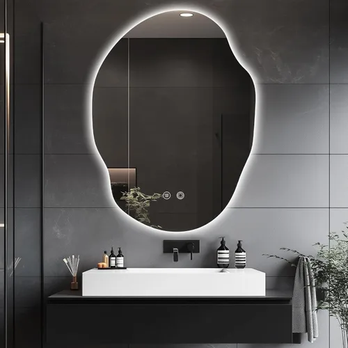 Espejo de Baño LED Irregular con Luces, Espejo de Tocador de Baño LED Asimétrico para Pared con Retroiluminación, Antivaho, 3 Colores y Luz