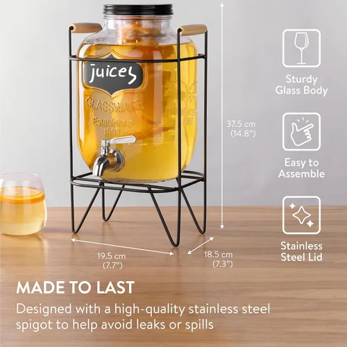 Miniatura 3 de Navaris Dispensador de bebidas en tarro de vidrio con grifo, incluye soporte de metal, tubo de hielo e infusor de frutas, para cóctel, limonada