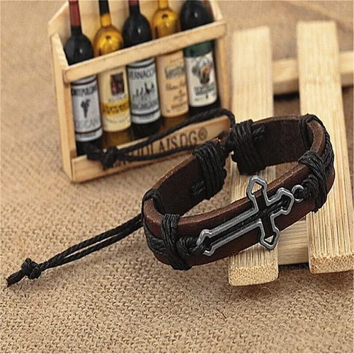 Miniatura 5 de brazalete negro con forma de cruz de cuero genuino para hombre