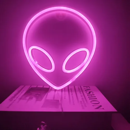 Miniatura 10 de Letrero de neón con cabeza de alienígena, 1 unidad, luz de neón de alienígena verde y morado, USB o 3 pilas AA, divertido letrero de neón iluminado