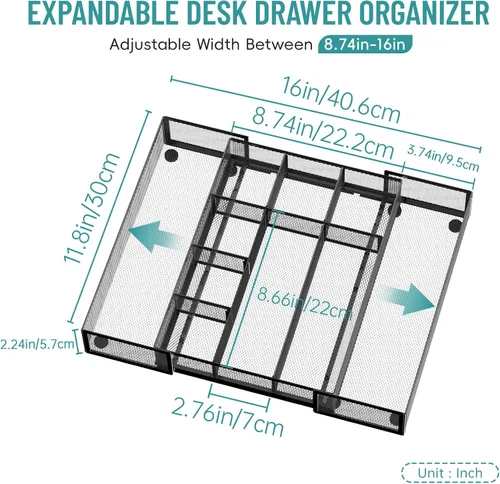 Miniatura 2 de Paquete de 2 bandejas organizadores de cajones de escritorio expandibles con 10 compartimentos ajustables, organizador de cajones de oficina