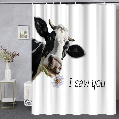 Miniatura 3 de Divertida cortina de ducha con diseño de vaca, diseño floral de ganado, animales de granja, decoración de baño, cortinas de tela con gancho