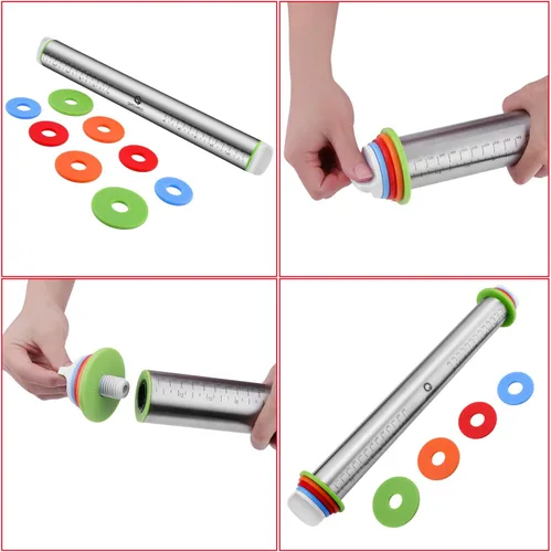 Miniatura 3 de Rodillo y juego de tapetes para pastelería, rodillos con anillos de grosor ajustables, rodillo de masa de acero inoxidable para hornear fondant