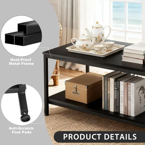 Miniatura 6 de SUPER DEAL - Mesa de café industrial de 2 niveles con estante de almacenamiento para apartamento pequeño, sala de estar, mesa auxiliar rectangular