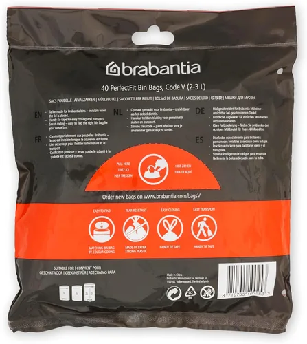 Miniatura 2 de Bolsas de basura Brabantia PerfectFit (Tamaño V/0.5-0.8 Gal) Bolsas de plástico gruesas para bote de basura con asas de cordón (40 Bolsas)