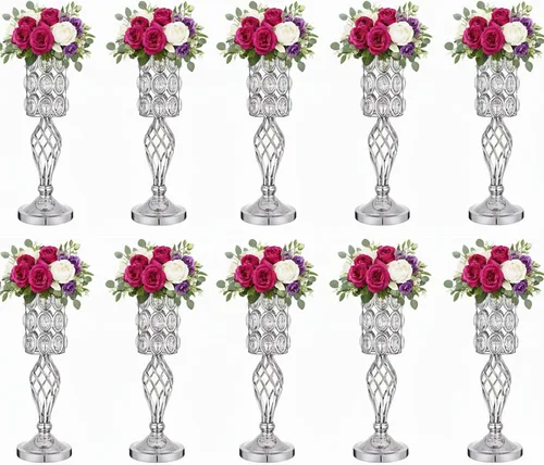Miniatura 13 de Jarrones de cristal para centros de mesa de boda, juego de 2 jarrones dorados de metal, versátiles soportes para flores de 24 pulgadas de alto