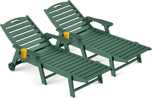 Miniatura 10 de Ciokea Silla de Descanso para Exteriores, Tumbona de Gran Tamaño con 5 Posiciones, HDPE, Silla de Descanso de Patio con Ruedas y Portavasos para Gris