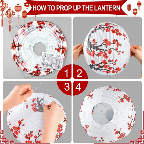 Miniatura 3 de Mototo Kit de 30 faroles de papel chinos japoneses, 12 pulgadas, flor de cerezo japonés, farol de papel chino japonés con flor de cerezo rojo