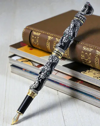 Miniatura 2 de JinHao - Pluma estilográfica de serpiente negra doblada con convertidores para escribir, bolígrafos retro de caligrafía con patrón de cobra Negro