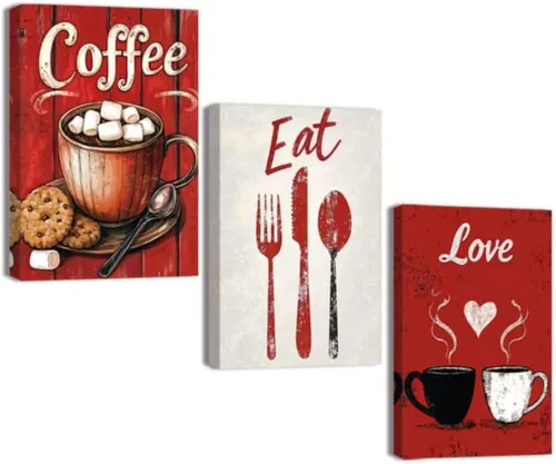 ZQQART Lienzo decorativo para pared, 3 piezas, color rojo, negro, blanco, café, pintura vintage, cuchillo y tenedor, decoración enmarcada (rojo,