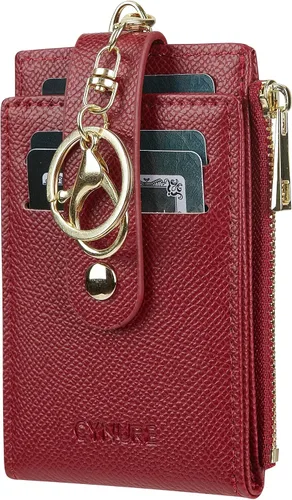 Miniatura 10 de Tarjetero de cuero para mujer, con bloqueo RFID, delgado y pequeño, con cremallera, llavero, bolsillo frontal, con 2 ventanas para identificación
