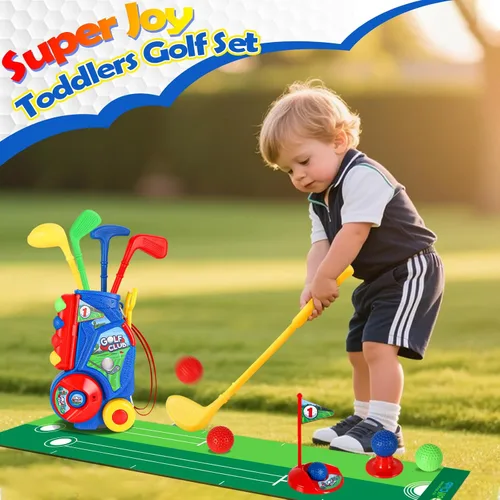 Miniatura 9 de SUPER JOY Juego de Golf para Niños Pequeños con Alfombra, Carrito de Golf para Niños con 4 Palos y 8 Pelotas, Juguetes de Golf