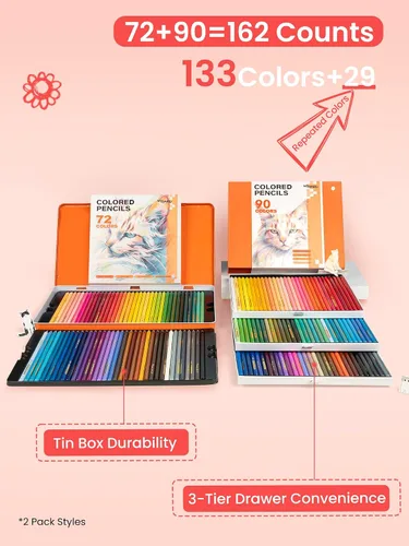 Miniatura 2 de Woomer Juego de lápices de colores de 133 colores, núcleo suave y liso, lápices de artistas de alto pigmento, 72 latas de metal + caja de 90 cajones