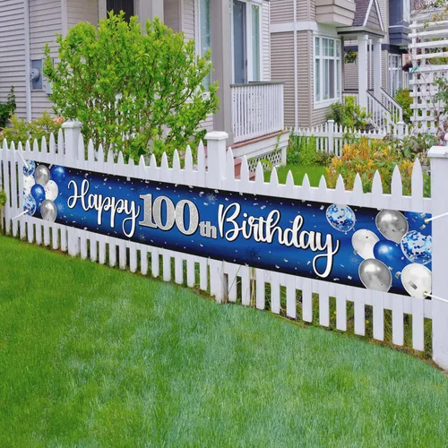 Miniatura 5 de Decoración de feliz cumpleaños número 100, globo azul y plateado número 100, cartel grande de telón de fondo de cumpleaños, suministros para fiesta