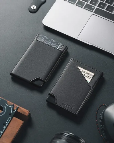 Miniatura 6 de VULKIT Cartera de tarjetas desplegable con bloqueo RFID, funda delgada de aluminio para tarjetas bancarias con bolsillo para dinero de negocios