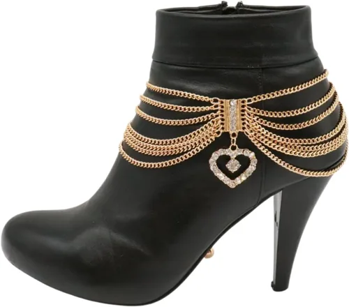 Miniatura 6 de Pulsera de cadena de metal dorado para mujer, estilo occidental, tobillera con dije de corazón, Metal, Sin gemas.