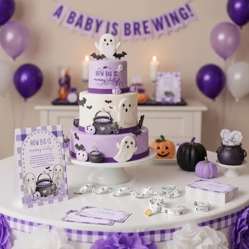 Miniatura 6 de Sinload Juego de 54 piezas con texto en inglés "A Baby Is Brewing Halloween" para baby shower, incluye cartel de pie con el vientre de mamá con 50