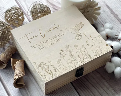 Miniatura 2 de Caja de recuerdo de primer cumpleaños: abierta a los 18 años, cápsula de memoria para bebé, regalo grabado, aniversario y cofre del tesoro